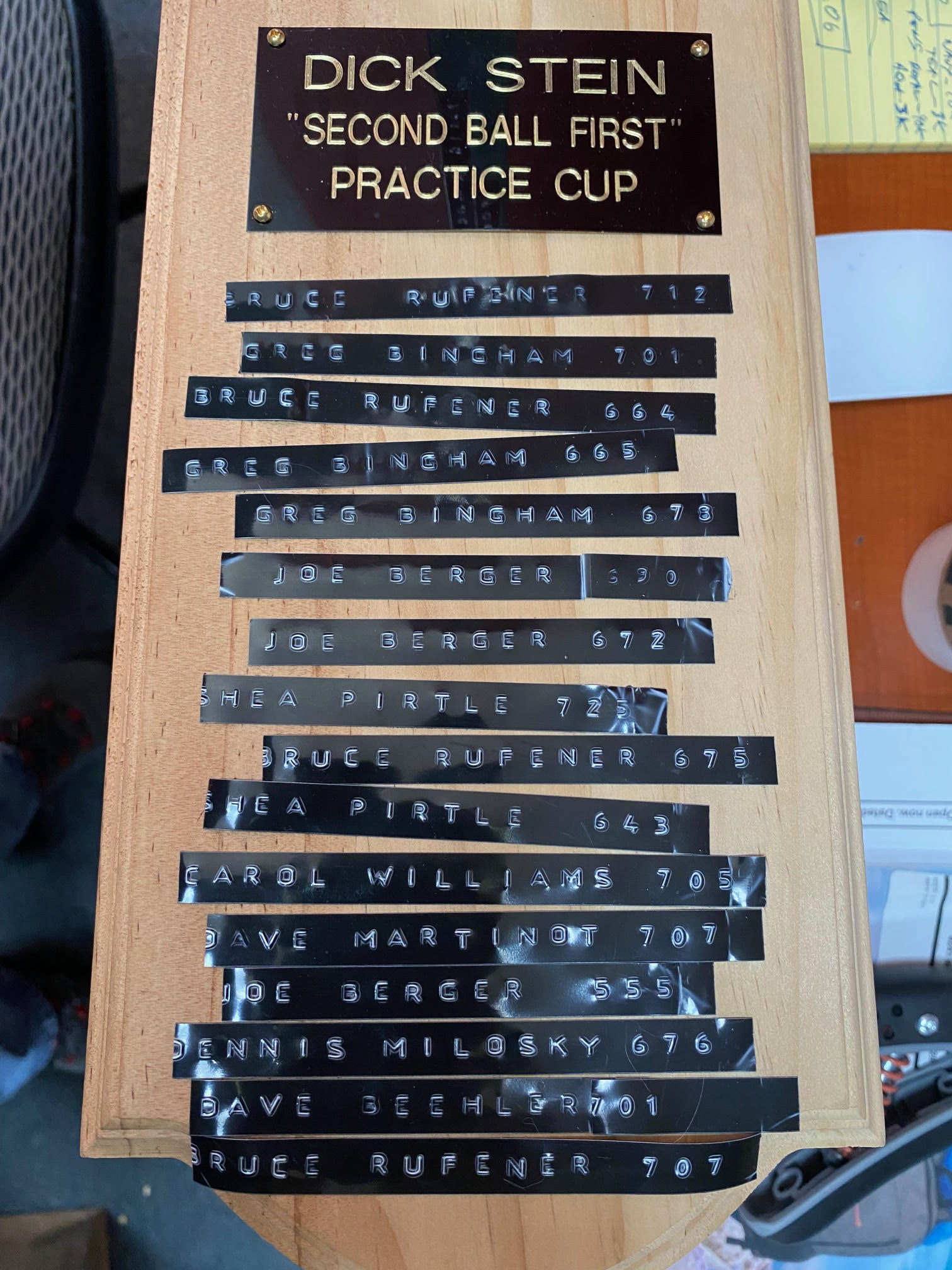 Photo of the Practice Cup trophy inscription